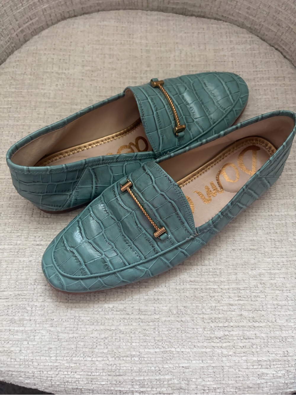 Sam Edelman Women's Croc-Embossed Loafers in Light Teal with Gold Bit - Picture 4 of 6